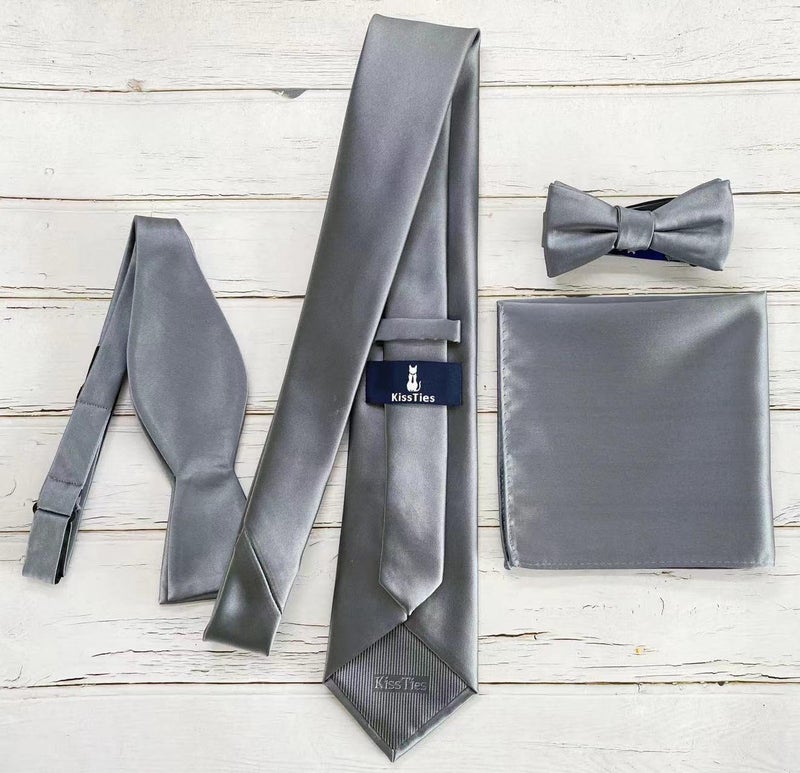 KissTies Mens Sage Grey Necktie Gray Solid Satin Tie + Gift Box - Image 2